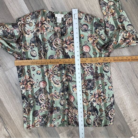 Sellecca Vintage Satin Printed Button Front Blouse Sage Green 10 - Picture 11 of 12